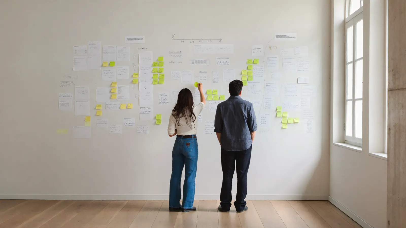 Two colleagues seen from behind standing at a wall covered in sticky notes and hand-drawn process diagrams